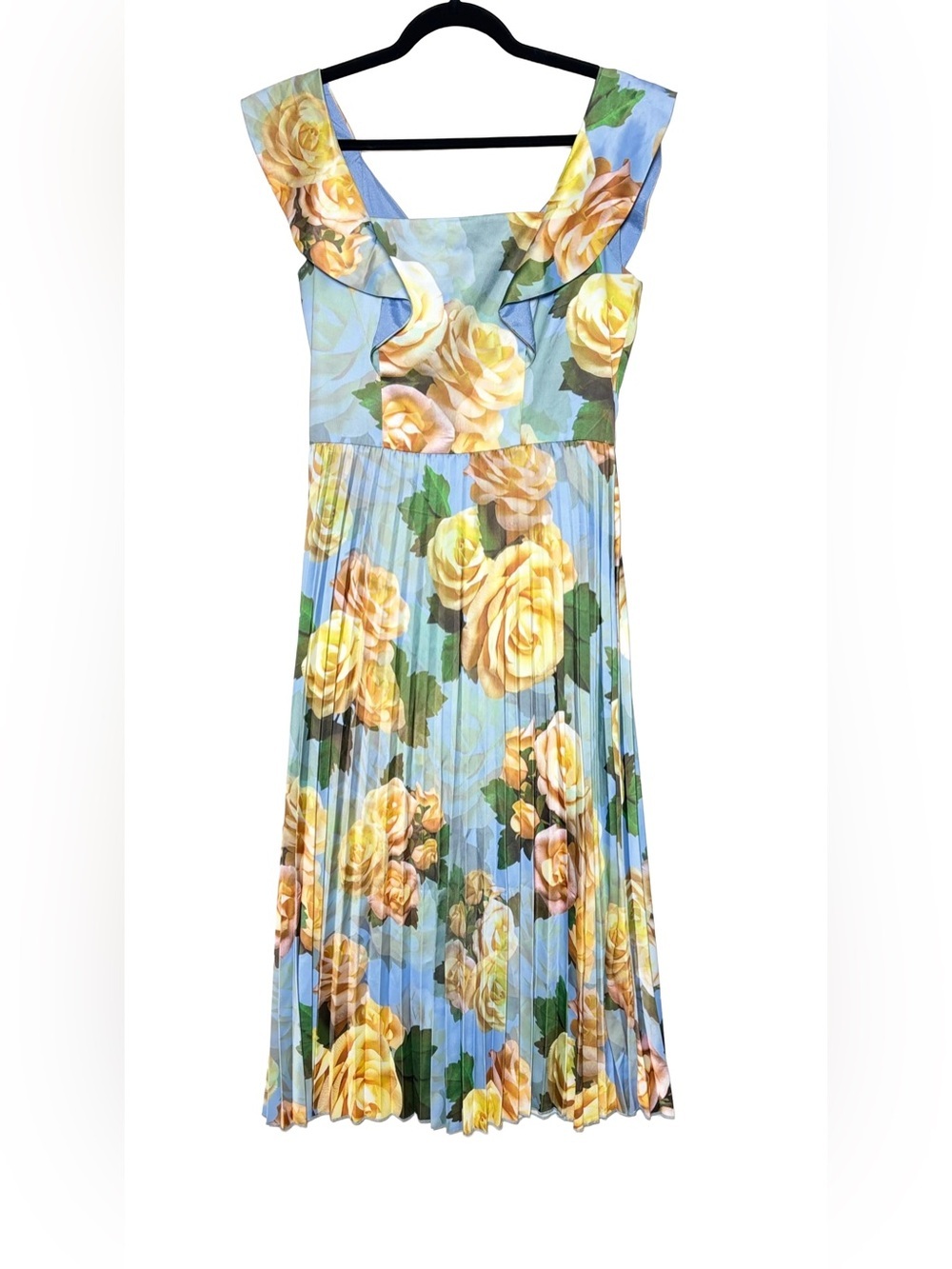Chi Chi London Blue Floral Pleated Midi Dress with Square Neck, Size US 8; UK 12 - Picture 5 of 14